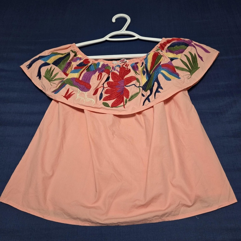 Buddy Love Blouse Womens XS Pink 100% Cotton Embroidered Off Shoulder Tunic Top